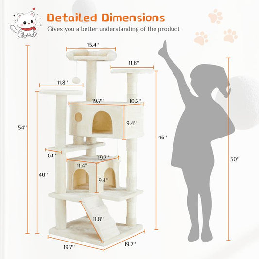 【Free Shipping】54In 137Cmmulti-Level Cat Tree Tower Furniture Activity Center with Scratching Posts, Toys and Condo for Indoor Kittens, Beige Cat Tower, Cat Tree for Indoor Cats, 54Inch Cat Condo with Scratching Post, Ramp, Perch, Spacious Cat Cave